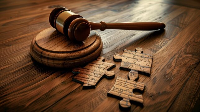 symbol of authority, a wooden gavel, sits poised above a chaotic array of mismatched puzzle pieces on a worn wooden table
