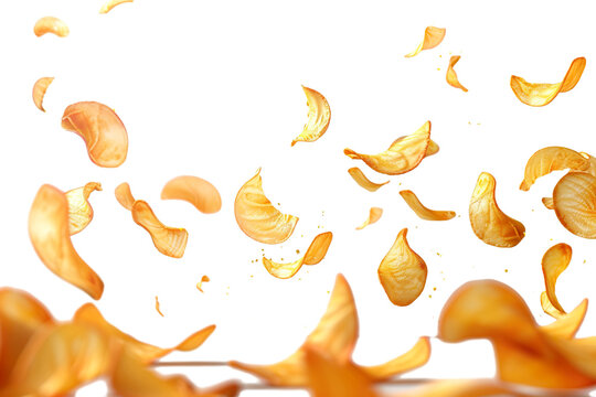 Falling natural potato chips isolated on white transparent background PNG