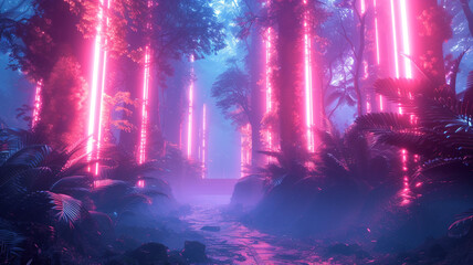 Glide through the neon trails of a cybernetic jungle, where digital vines intertwine, forming a glowing canopy that pulses with energy.