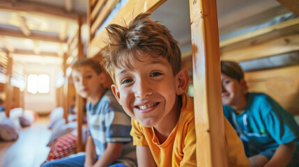 Group of happy kids having fun in a summer camp dormitory bedroom with bunk beds