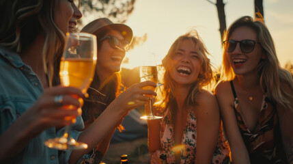 Group of young caucasian female friends having fun together and drinking champagne at camp site to celebrate start of holidays
