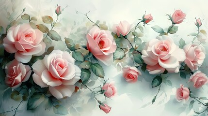 Obraz na płótnie Canvas Watercolor painting of beautiful pink and white roses on white background.