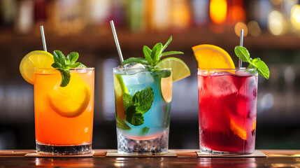 Fototapeta premium Colorful Cocktail Trio with Fresh Garnish for Summer Drinks Menu