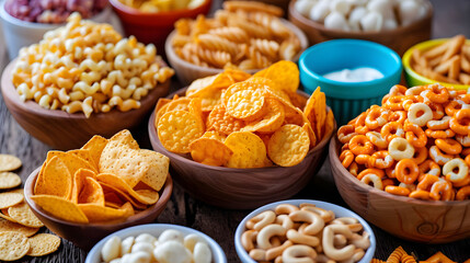Fototapeta premium Assorted Party Snacks in Wooden Bowls on Dark Table