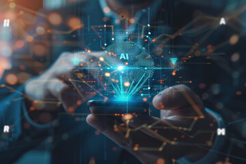 Man using Ai Phone with  virtual digital chatbot, robot application, conversation assistant, AI