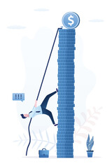 Businessman uses rope and climbs to top of stack of coins. Increasing income and wages, financial growth, improving economy, profitability of investment portfolio,