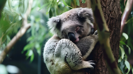 Obraz premium Sleeping Koala Embracing Tree Branch in Lush Greenery