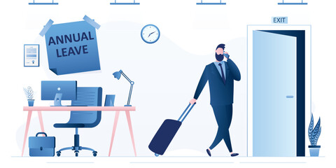 Businessman walking with luggage from office room. Annual leave note above desk. Break time, take day off, vacation to rest and relax from hard work,