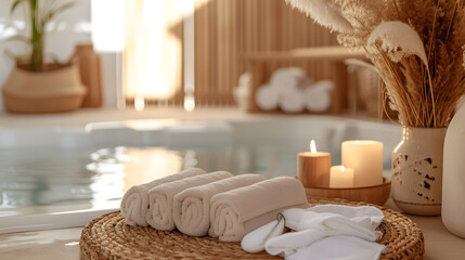 Spa Concept with Candles, Towels, and Bath in Serene Bathroom