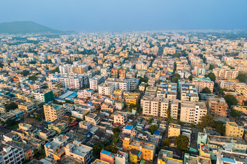 Aerial view of Vijayawada city, is a second largest city in the state of Andhra Pradesh in India.