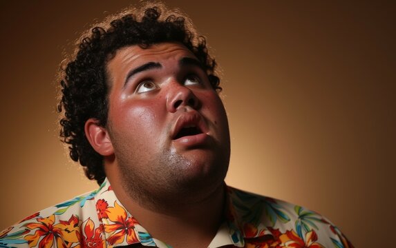 A multiracial man wearing a colorful Hawaiian shirt contorts his face into a humorous expression
