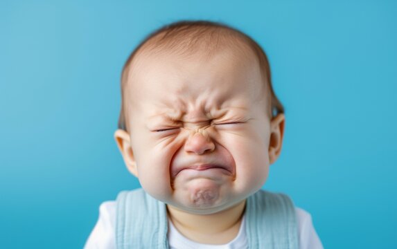 A multiracial baby is crying with their eyes tightly shut in this candid moment captured - Powered by Adobe