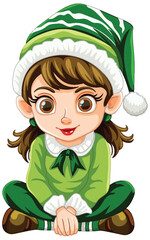 Cartoon elf in festive attire smiling joyfully.