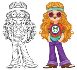Fotobehang Kinderen Colorful and black-and-white hippie girl vector.
