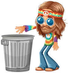 Fototapeten Cartoon hippie leaning on a metal trash can. © GraphicsRF