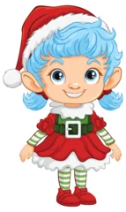 Fototapeten Cartoon elf with blue hair in holiday costume. © GraphicsRF