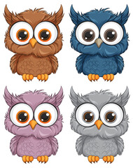 Four cute owls with different color feathers.