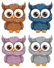 Fototapeten Four cute owls with different color feathers. © GraphicsRF