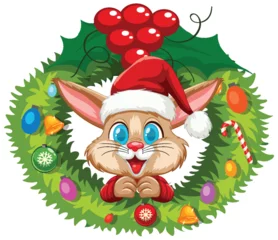 Door stickers Kids Cute rabbit wearing Santa hat inside holiday wreath.