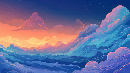 Stylized clouds at serene sunset.