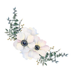 White field poppies bouquet with anemones, eucalyptus and grass watercolor illustration isolated on white background for greeting cards, spring wedding invitations, women's day designs © Elena Malgina