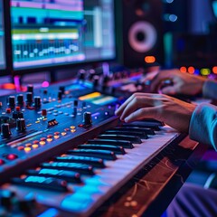 Close-up of a music producer's hands playing a synthesizer with sound mixing equipment in a colorful, neon-lit music studio.