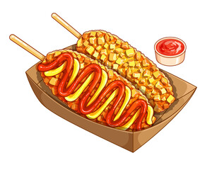 Crispy potato corn dogs illustration vector. Korean style french fries corn dog (Gamja-hotdog). Korean street food corn dog recipe. Crunchy cheesy potato hotdogs. Hot dog and french fries on a stick.
