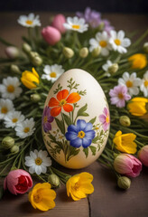 a amazing colorful easter egg and delicate little flowers, minimalistic photo