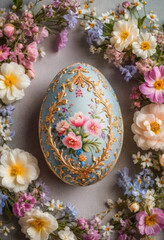 Obraz na płótnie Canvas a amazing colorful easter egg and delicate little flowers, Art Deco, Barroco, Rococo, minimalistic photo