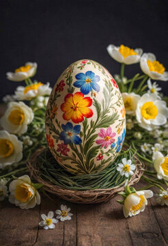 a amazing colorful easter egg and delicate little flowers, minimalistic photo