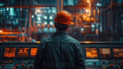 Engineers man programming machines to process recycled plastic materials efficiently on the control room background.