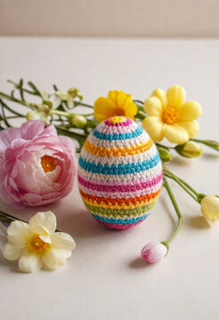 a amazing colorful knitted easter egg, Easter style, minimalistic photo