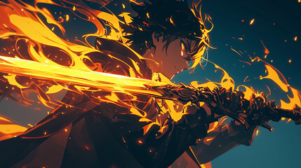 anime man holding an fire sword