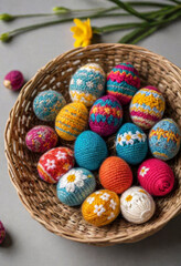 Fototapeta na wymiar a amazing colorful knitted easter eggs in the basket, Easter style, minimalistic photo