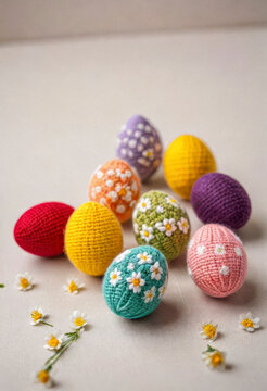 a amazing colorful knitted easter eggs, Easter style, minimalistic photo