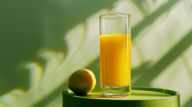 A glass of fresh orange juice on a podium on a green background. Yellow liquid in a glass glass.