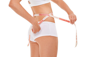 Woman, wellness and tape measure for health, fitness and studio for workout and body care with...