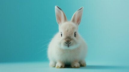 Cute rabbit against a soft blue backdrop.