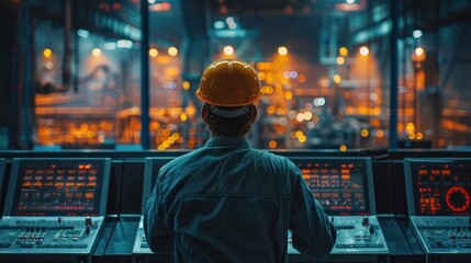 Engineers man programming machines to process recycled plastic materials efficiently on the control room background.