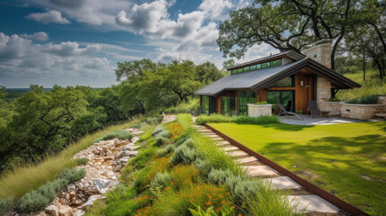 Fototapeta na wymiar This secluded Meadow Home offers the perfect blend of natural beauty and sustainable living with a lush green roof and native landscaping that complements the landscape.