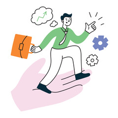 Employee career support, job training and motivation, human resources assisting workers to grow, man climbing up on helping hand, promotion vector illustration, mentor and supervisor