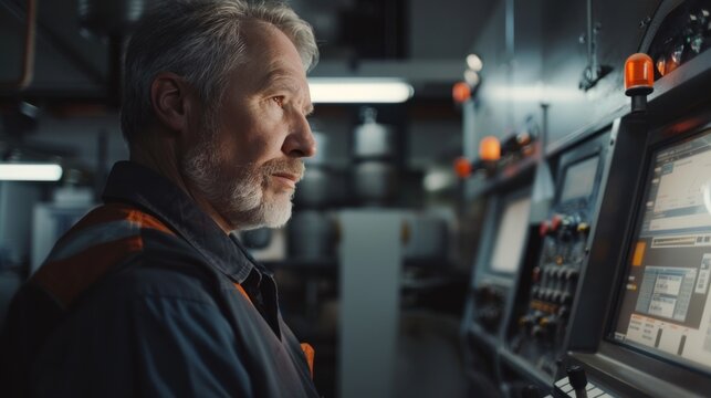 Engineers man programming machines to process recycled plastic materials efficiently on the control room background.
