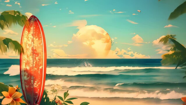 Surfboard on tropical beach abstract background. Vintage tone color style. Generative ai