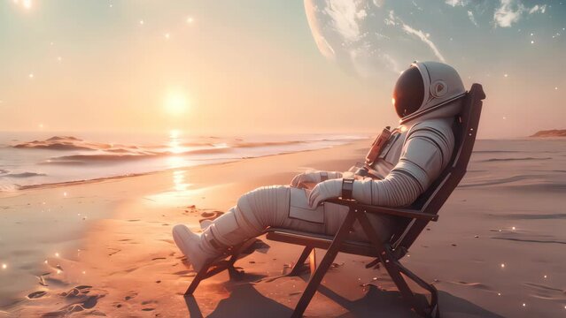 Astronaut relax on beach at the other planet background. Summer vacation and adventure concept. Generative ai.	
