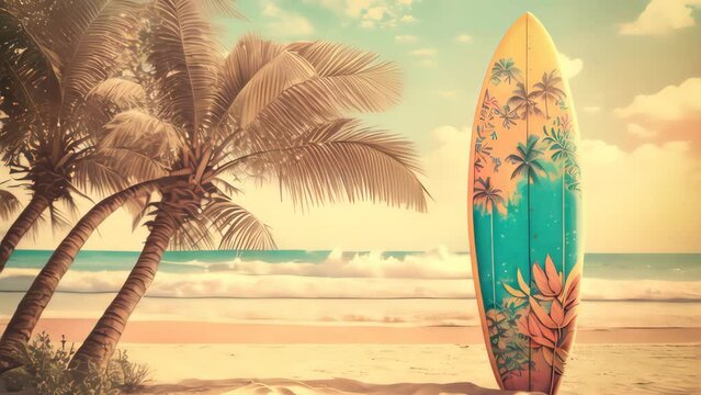 Surfboard on tropical beach abstract background. Vintage tone color style. Generative ai