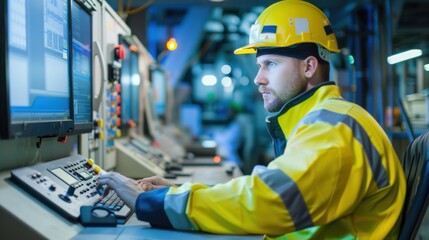 Engineers man programming machines to process recycled plastic materials efficiently on the control room background.