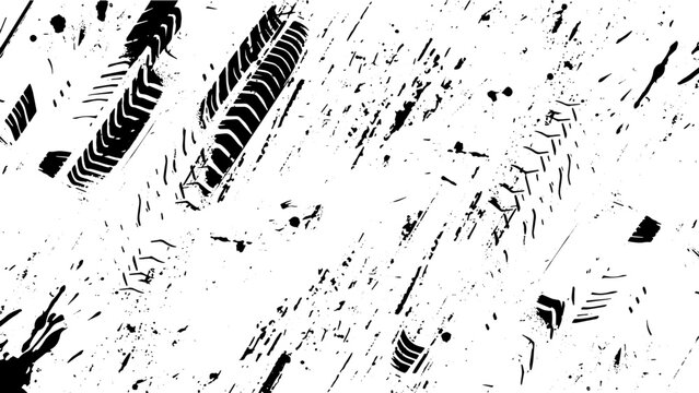 Tire tread marks, isolated wheel texture, tire marks - drift, rally, races, off-road, motocross. Distressed overlay texture of rusted peeled metal. grunge Vector isolated texture with grunge effect