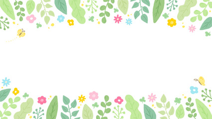Refreshing leaves and colorful flower frame background, stylish hand-drawn illustration / 爽やかな葉っぱとカラフルな花のフレーム背景、かわいい手描きイラスト