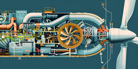 A cross-section of a wind turbine, showcasing its complex machinery and energy flow - obrazy, fototapety, plakaty