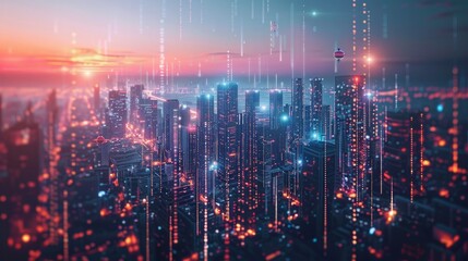 Fototapeta premium Cybernetic Cityscape at Sunset with Data Network Overlays